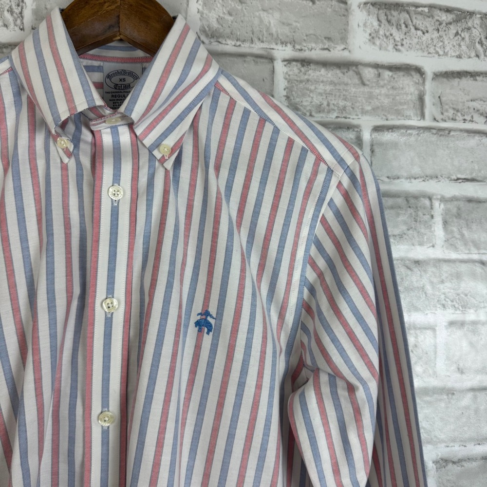 Brooks Brothers XS Regular Non-Iron Stretch Striped Button Down Shirt Red Blue - Picture 2 of 7